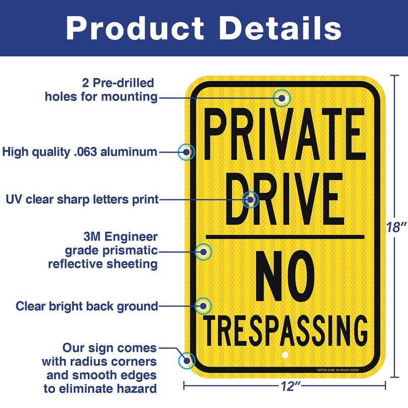 Faittoo 2 Pack Private Drive Sign, 18 x 12 Inches Engineer Grade Reflective Sheeting Rust Free Aluminum, Weather Resistant, Waterproof, Durable Ink, Easy to Mount,Outdoor Use - Image 2